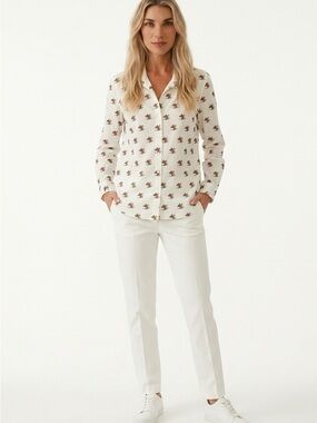 Talbots Cream Shirt with Brown Horse Print and Purple Trim